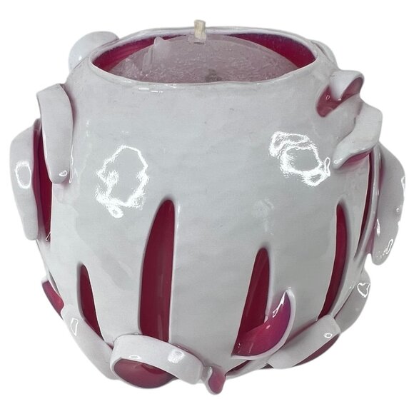 Handcrafted White & Pink Ribbon Candle Sculpted Floral Design Round 3.5” Tall - Picture 3 of 7